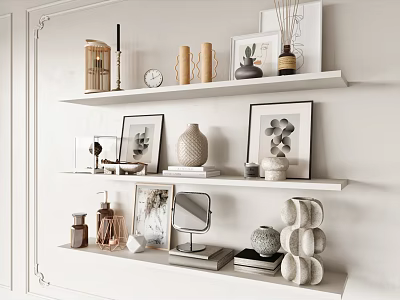 Decorative Ornament Combination on White Wall Shelves with Vases Framed Art Candle Holders and Mirror 3d model