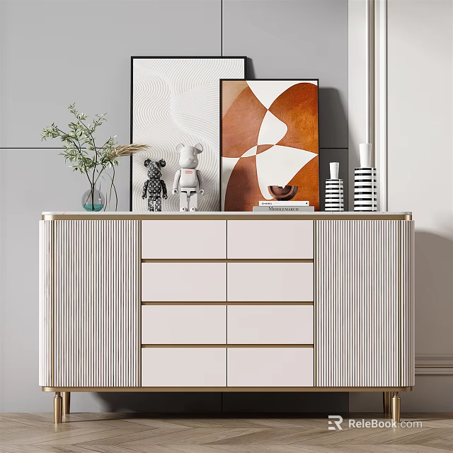 Elegant White And Gold Console Cabinet With Drawers And Decorative Items On Top 3d model 