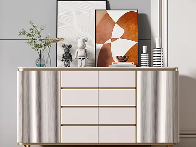 Elegant White And Gold Console Cabinet With Drawers And Decorative Items On Top 3d model