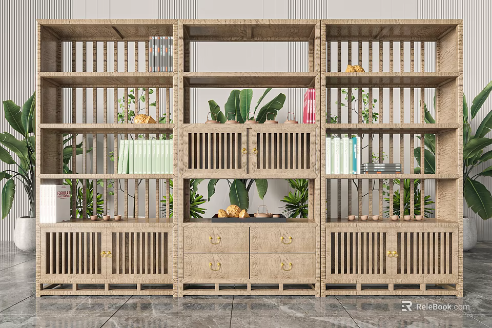Natural Wooden Bookshelf Featuring Open Grid Shelves Green Plants And Decorative Drawers 3d model 