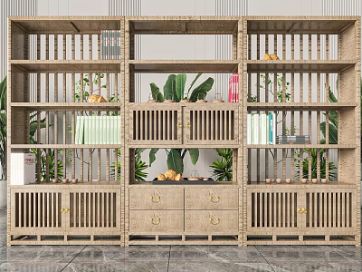 Natural Wooden Bookshelf Featuring Open Grid Shelves Green Plants And Decorative Drawers 3d model