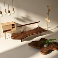 Modern Wooden Bench And Coffee Table Set With Side Cabinet And Hanging Lights