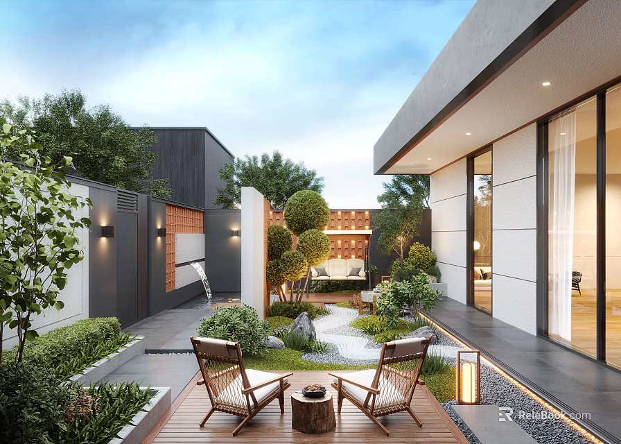 Modern Courtyard Garden Design With Wooden Deck Lounge Chairs Small Round Table And Green Plants 3d model 