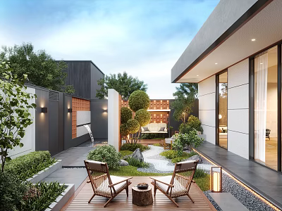 Modern Courtyard Garden Design With Wooden Deck Lounge Chairs Small Round Table And Green Plants 3d model