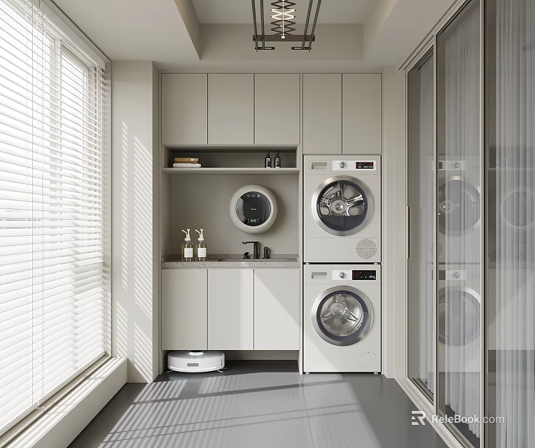 Modern Minimalist Laundry Room Interior With White Cabinets Washing Machine Dryer And Window Blinds 3d model 