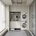 Modern Minimalist Laundry Room Interior With White Cabinets Washing Machine Dryer And Window Blinds