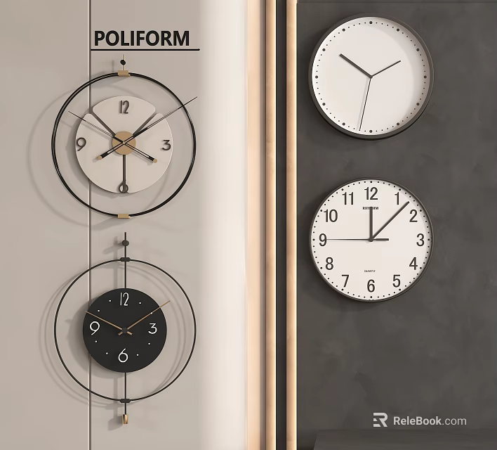 Modern Wall Mounted Clocks With Metal Frames And Black White Dials Hanging Arrangement 3d model 