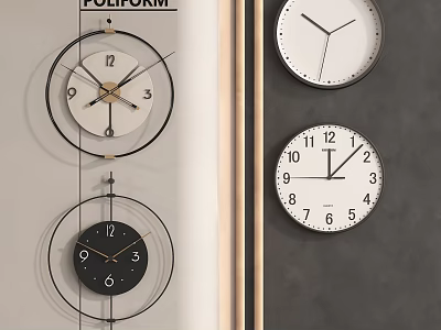 Modern Wall Mounted Clocks With Metal Frames And Black White Dials Hanging Arrangement 3d model
