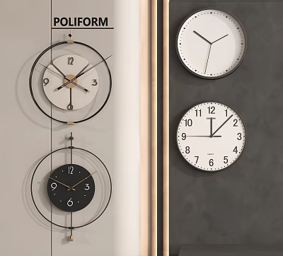Modern Wall Mounted Clocks With Metal Frames And Black White Dials Hanging Arrangement 3d model