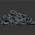Pile of Stacked Used Tires on White Surface with Gray Background
