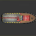 Colorful Model Boat With Red Crane Blue Hull Wooden Deck Small Flag And Cabin