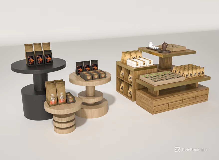 Retail Wooden Display Shelves With Round Stands And Multi Tiered Racks Holding Boxes 3d model 
