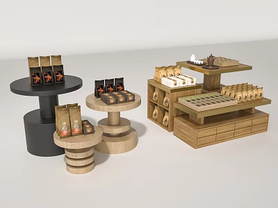 Retail Wooden Display Shelves With Round Stands And Multi Tiered Racks Holding Boxes 3d model