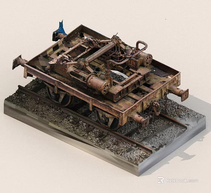 Rusty Train Carriage Model on Rail Tracks with Wheels and Mechanical Parts 3d model 