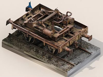 Rusty Train Carriage Model on Rail Tracks with Wheels and Mechanical Parts 3d model