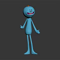 Funny Blue Cartoon Game Character With Smiling Face Red Head Spot Slender Body Gray Background