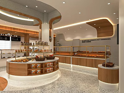 Modern Dessert Shop Interior With Wooden Display Cases And Warm Lighting For Assorted Desserts 3d model