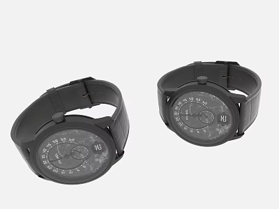 Two Black Stylish Watches With Leather Straps And Modern Dial Design 3d model