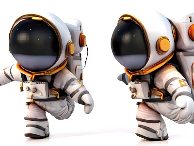 Astronaut Decorative Ornament Set With Cartoon Style White Spacesuit Orange Accents Running Pose 3d model