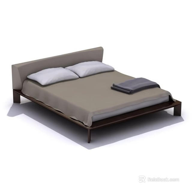 Modern Double Bed With Gray Headboard Wooden Frame White Pillows And Gray Blanket 3d model 