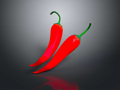 Vibrant Fresh Red Chili Peppers With Green Stems On Dark Reflective Background For Healthy Cooking 3d model