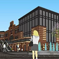 Modern Commercial Street With Clock Tower Plaza Fountain and Surrounding Buildings