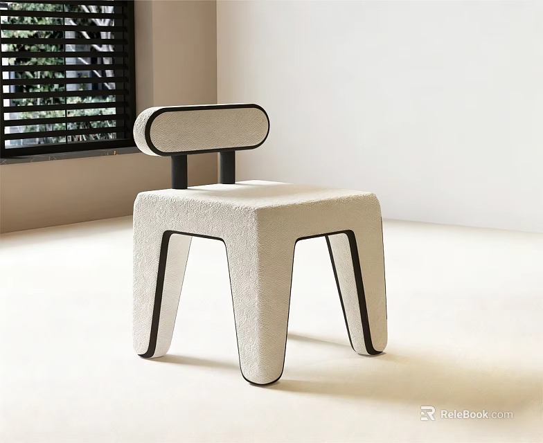 Modern Leisure Chair Upholstered In Cream Textured Fabric With Unique Geometric Legs Near Window 3d model 