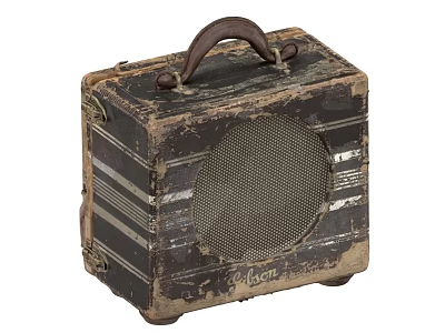 Vintage Luggi Luggage with Worn Leather Handle Striped Exterior Mesh Circular Panel and Small Wheels 3d model