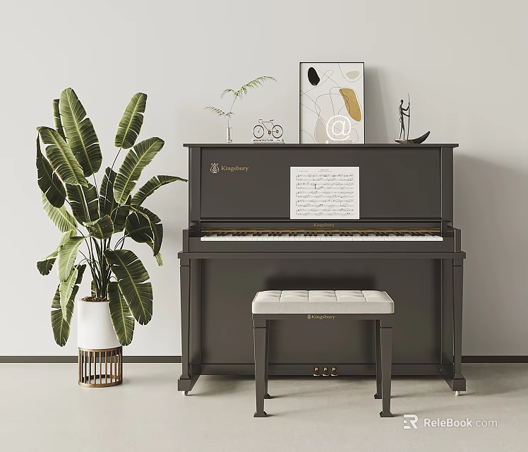 Black Piano And Decorative Painting Interior With Music Sheet Green Plant And Stool 3d model 