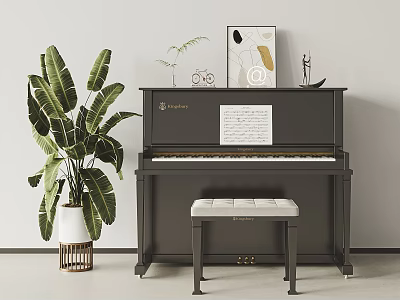 Black Piano And Decorative Painting Interior With Music Sheet Green Plant And Stool 3d model