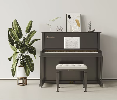 Black Piano And Decorative Painting Interior With Music Sheet Green Plant And Stool 3d model