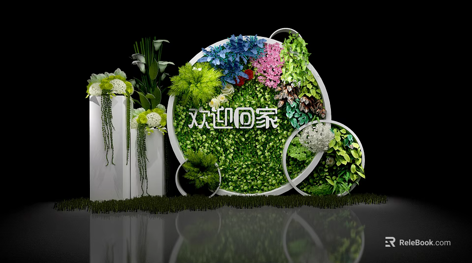 Circular Living Plant Wall with Colorful Flowers Green Foliage Decorative White Frames and Lawn Base 3d model 