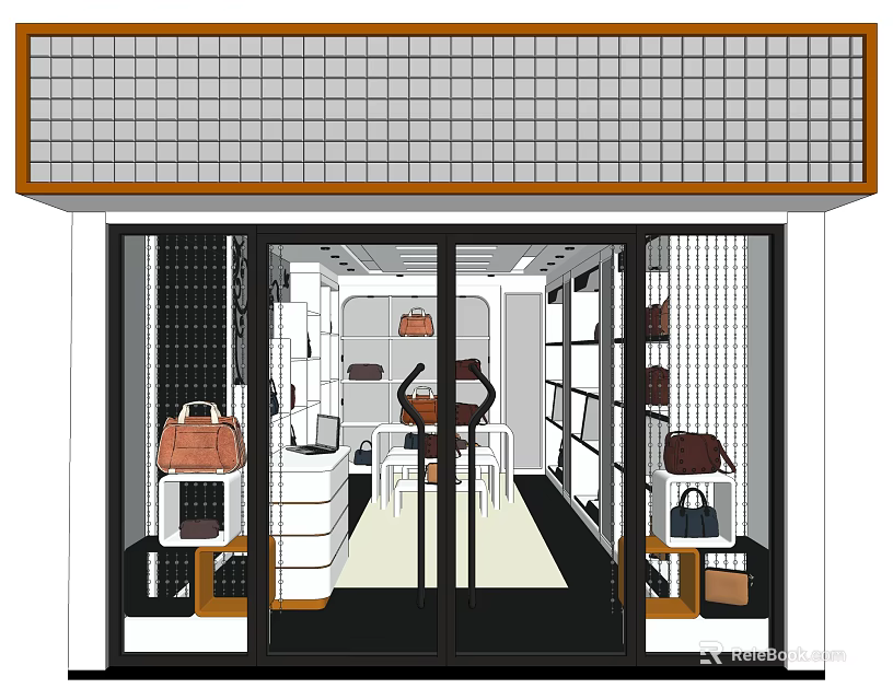Stylish Bag Store Interior With Grid Sign Display Shelves And Luxury Handbags 3d model 