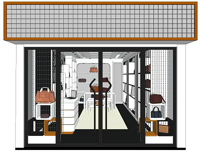 Stylish Bag Store Interior With Grid Sign Display Shelves And Luxury Handbags 3d model