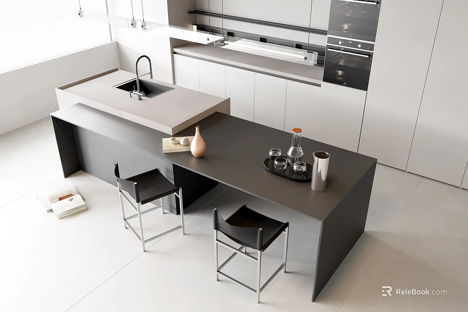 Modern Kitchen Interior With Dark Bar Counter Vase Glasses Tray Black Chairs And White Cabinets 3d model 