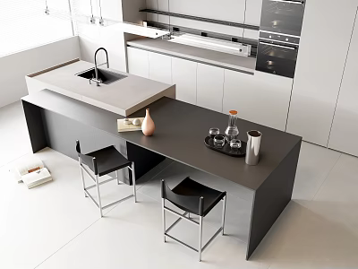 Modern Kitchen Interior With Dark Bar Counter Vase Glasses Tray Black Chairs And White Cabinets 3d model