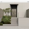 Modern House Entrance Stairs With White Wall Black Door And Green Plants