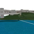 Modern Office Building With Glass Curtain Wall Green Roof And Waterfront Surroundings