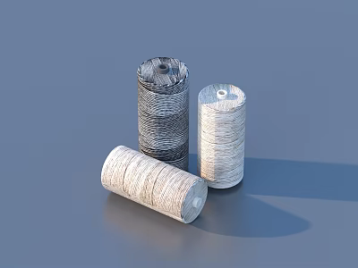 Three Different Textured Cylindrical Woven Material Rolls On Blue Surface 3d model