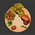 3D Model Plants Scene with Red Trunks Yellow Leaves Green Cacti and Red Rocks