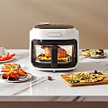 Multifunctional Air Fryer On Kitchen Countertop With Pizza Fried Chicken Fruits And Desserts