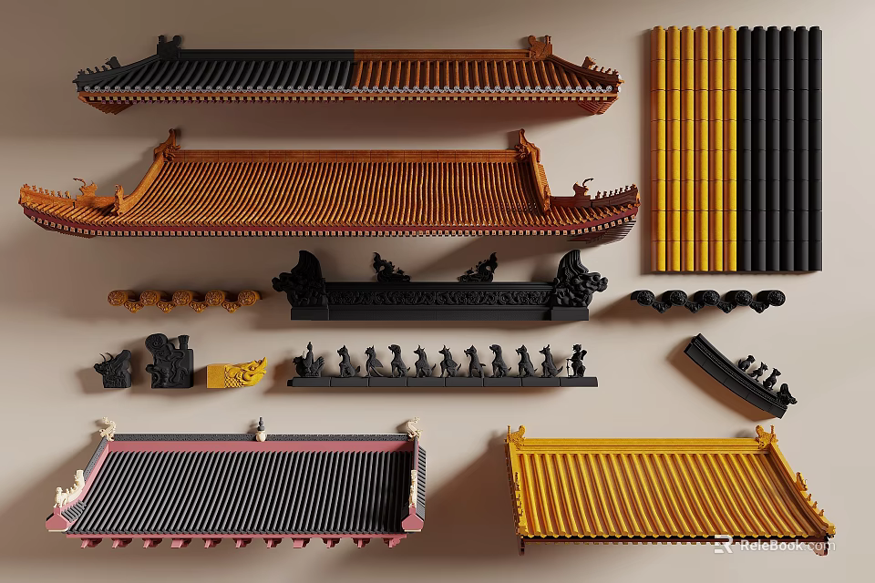 Traditional Chinese Architectural Components Featuring Various Roof Tiles Eaves Decorations And Color Styles 3d model 