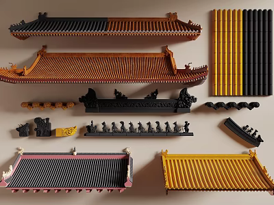 Traditional Chinese Architectural Components Featuring Various Roof Tiles Eaves Decorations And Color Styles 3d model