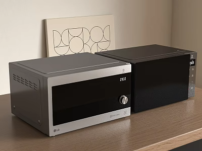 Sleek Modern Kitchen Microwave Ovens On Wooden Countertop With Geometric Wall Art 3d model