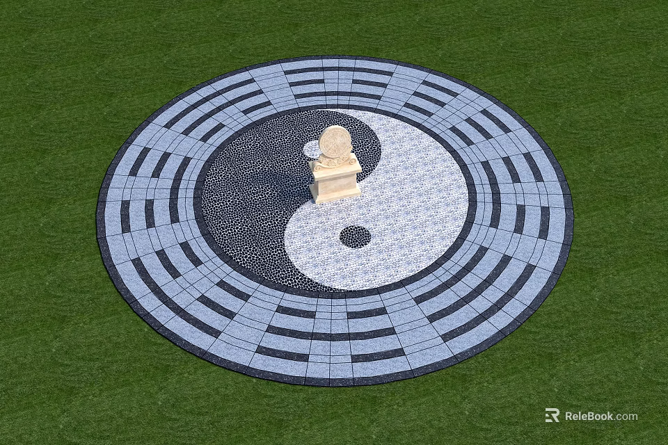 Circular Yin Yang Pattern Sun Dial Clock With Stone Structure On Green Grass Lawn 3d model