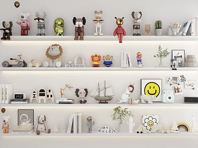 Decorative Ornament Combination Display on White Shelves with Figurines Plants Books and Smiley Decor 3d model