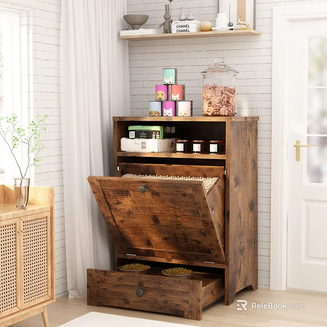 Vintage Wooden Storage Cabinet With Open Door Colorful Boxes Glass Jar And Drawers 3d model 