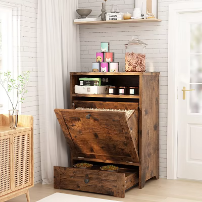 Vintage Wooden Storage Cabinet With Open Door Colorful Boxes Glass Jar And Drawers 3d model