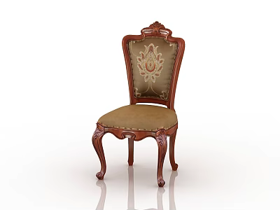 Classic European Style Dining Chair With Carved Wooden Frame And Beige Patterned Cushion 3d model
