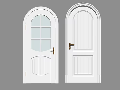 White Swing Doors Featuring Arched Top Glass Panels and Panel Design with Wooden Handles 3d model